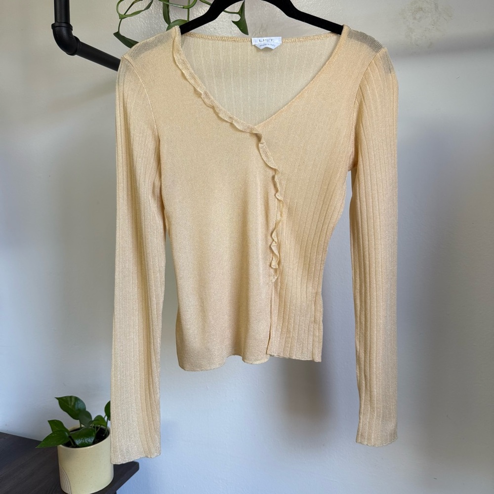 Italian Boutique Cream Ruffled V-Neck Long Sleeve Asymmetrical Sheer Top S/XS